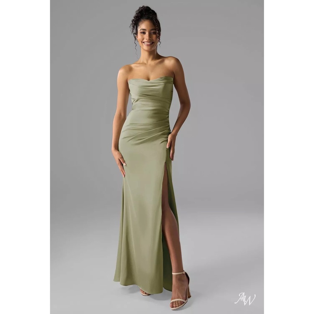 AW Bridal Sage Green Satin‎ Strapless Ruched Maxi Dress Formal Gown High Size 6